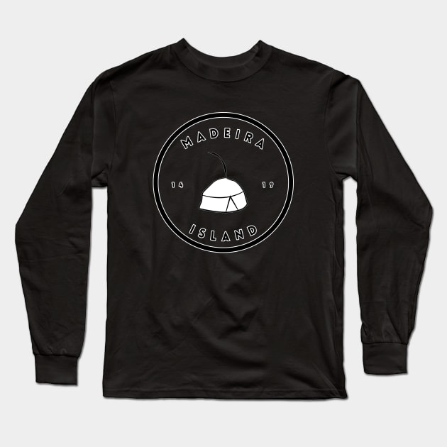 Madeira Island 1419 logo with the traditional folklore hat/carapuça in black & white Long Sleeve T-Shirt by Donaby